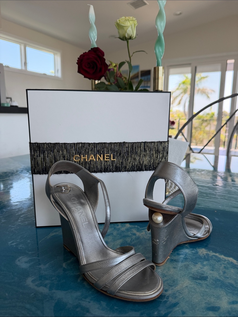 CHANEL Silver Metallic Pearl-Accent Wedge Sandals - Women 38